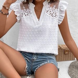 White Swiss dot lace business casual top